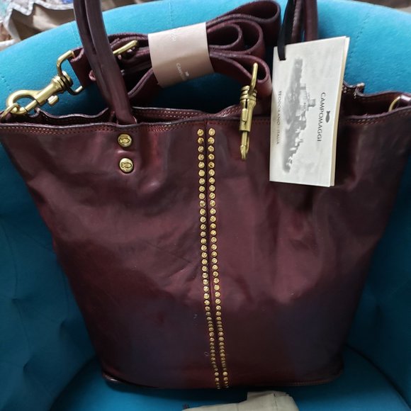 Campomaggi NWT Large Studded Shopper Prolifio Rivetti Burgundy SALE - Picture 6 of 8